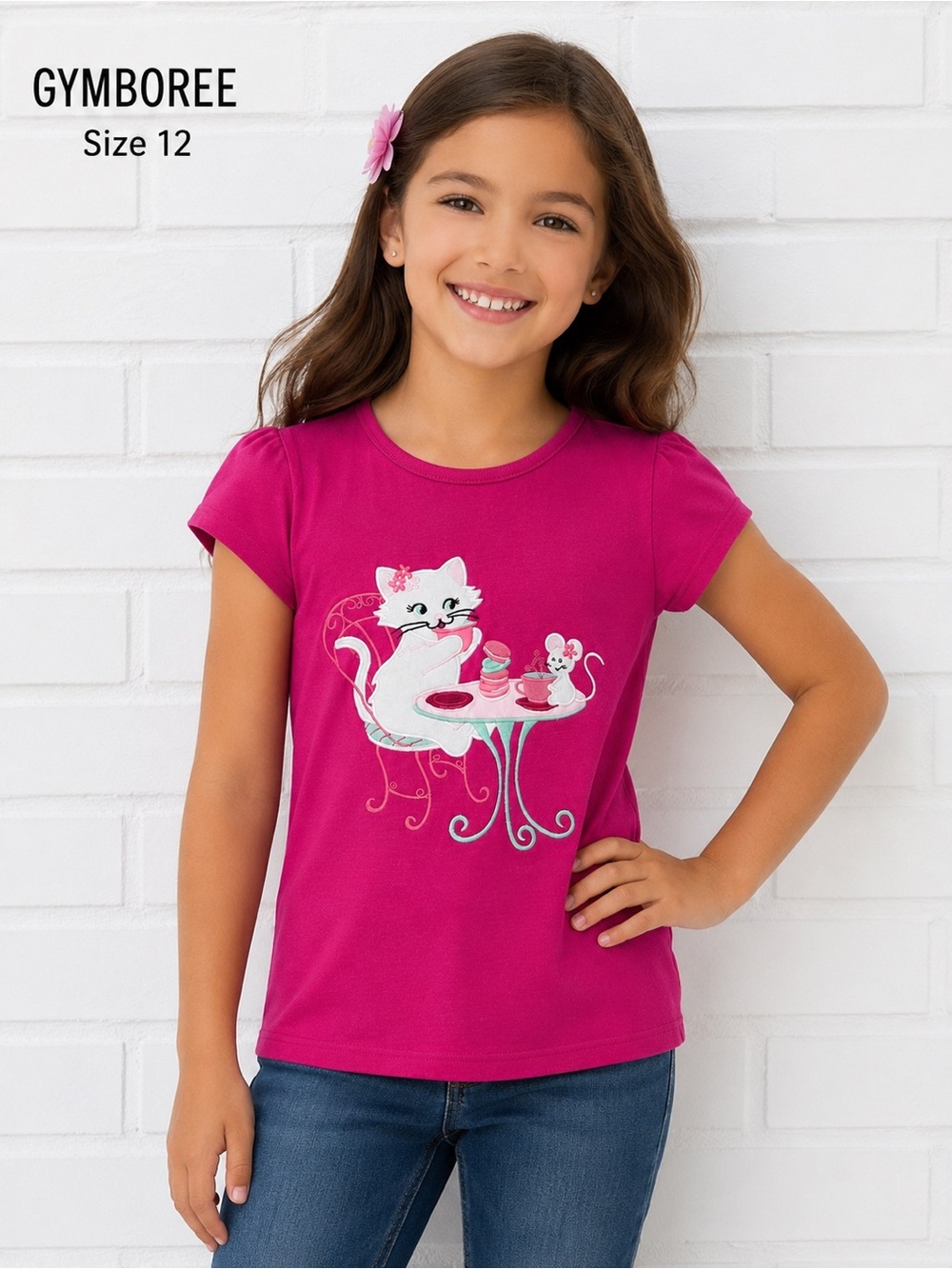 Gymboree Girls Pink Cat Graphic Tee Size 12 Cute Short Sleeve Shirt